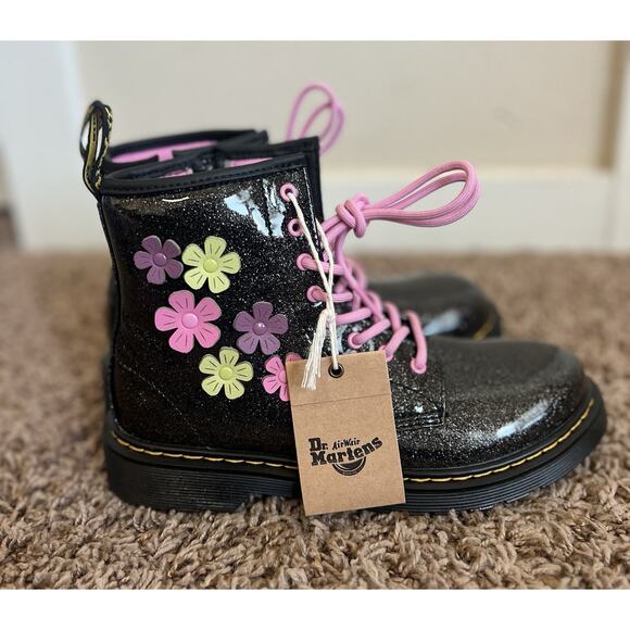 Dr Martens Junior 1460 Glitter & Flower Applique Lace Up Boots Sz 5 - Picture 7 of 9